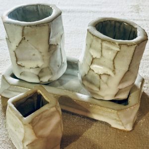 Kurinuki: Japanese Carved Pottery—Tea Cups and Vase